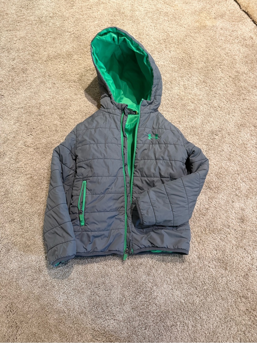 Under Armour Kids Gray Puffer Jacket with Green Lining